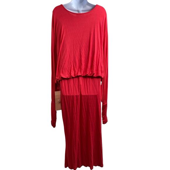 Ashro Women's Red Draped Jersey Maxi Dress Size 18 Batwing Sleeves Boho Flowy - Picture 2 of 11